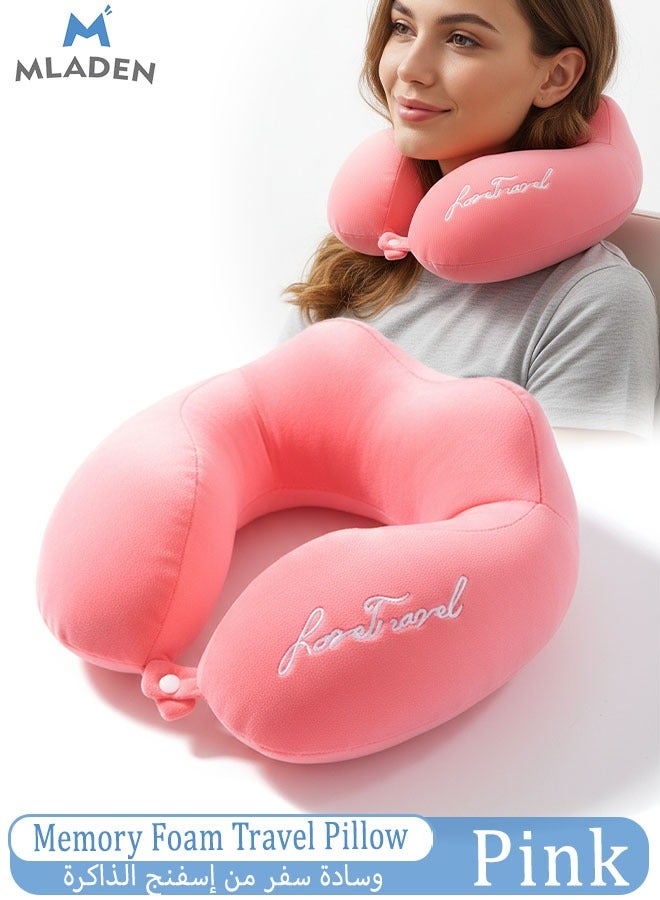 MLADEN وردي وسادة الرقبة من الذاكرة الحرارية للسفر مع دعم للرأس بزاوية ٣٦٠ درجة، مريحة وخفيفة الوزن، مثالية - Image 1